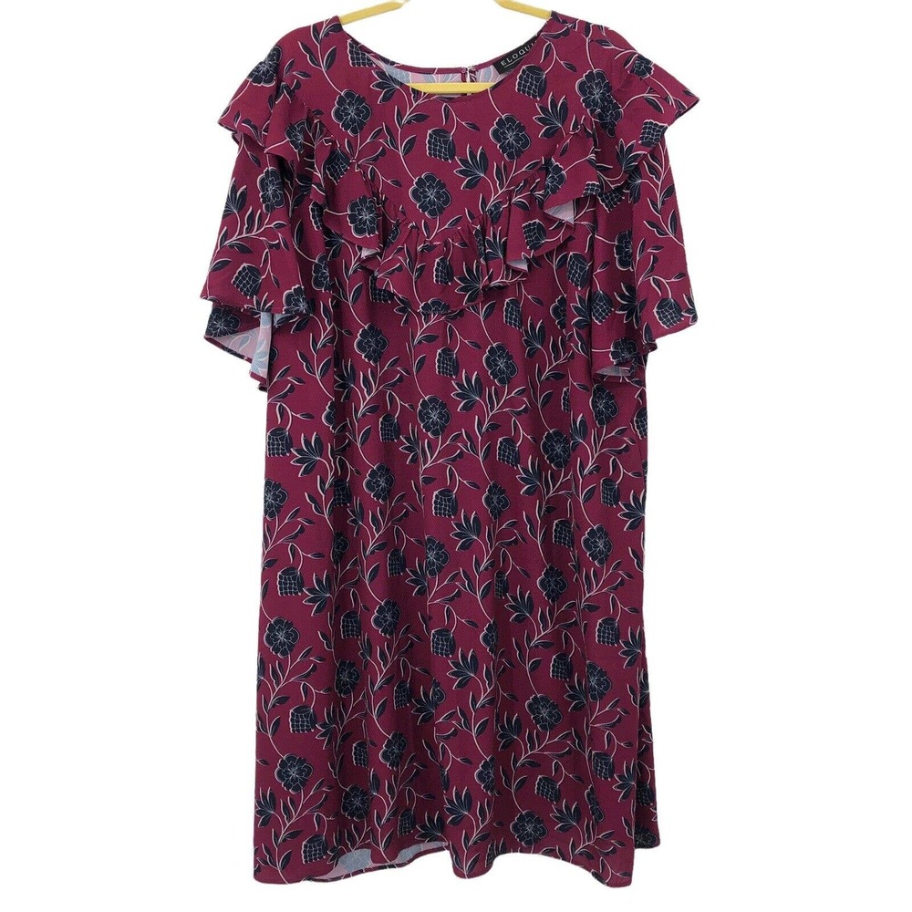 Eloquii Womens Plus Size 24 Wine Maroon Black Floral Sheath Dress Ruffle